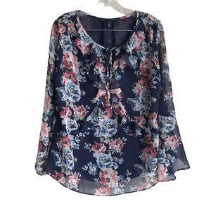 White House Black Market Women's Blouse Size 14 Floral Chiffon Lined Ruffle